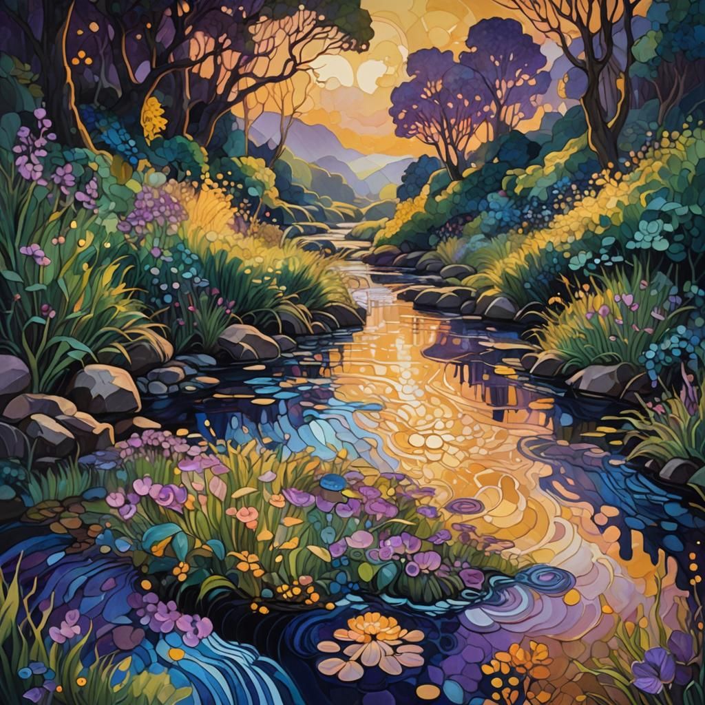 Vibrant Sunrise on Serene Stream in Art Deco Style
