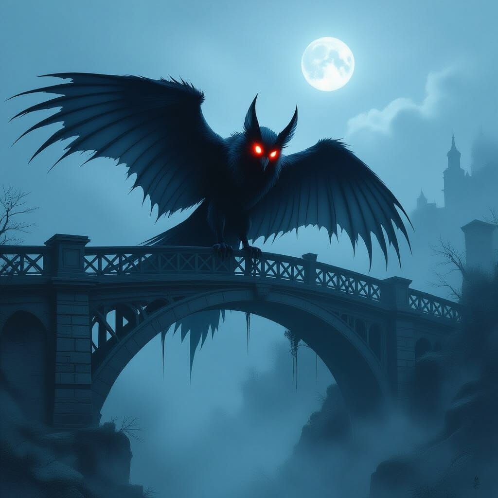 Mothman on Misty Bridge at Midnight