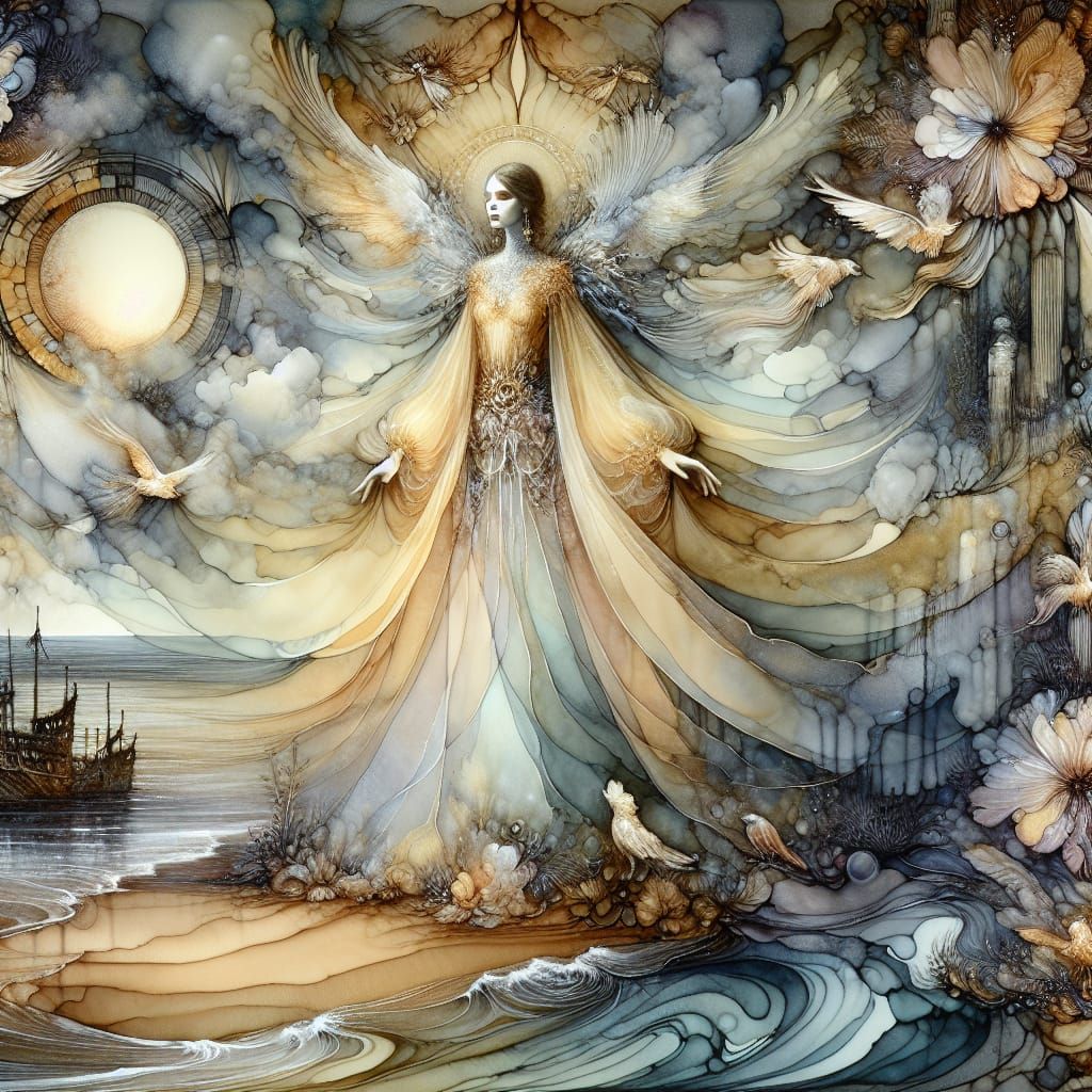 Ethereal Queen Surveys Shipwreck on Surreal Beach