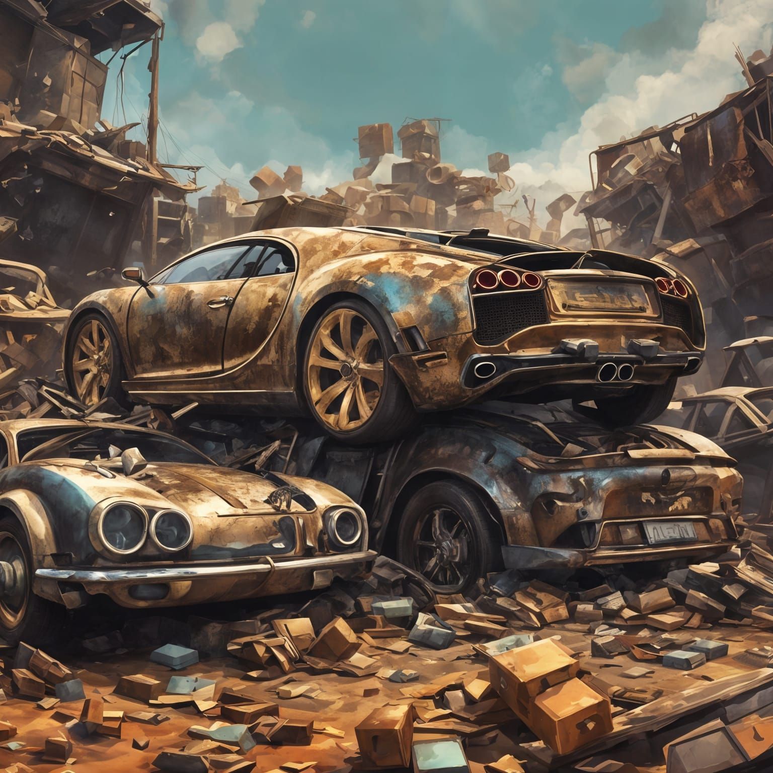 A Very Rusted Gold Bugatti Chiron in a Junkyard
