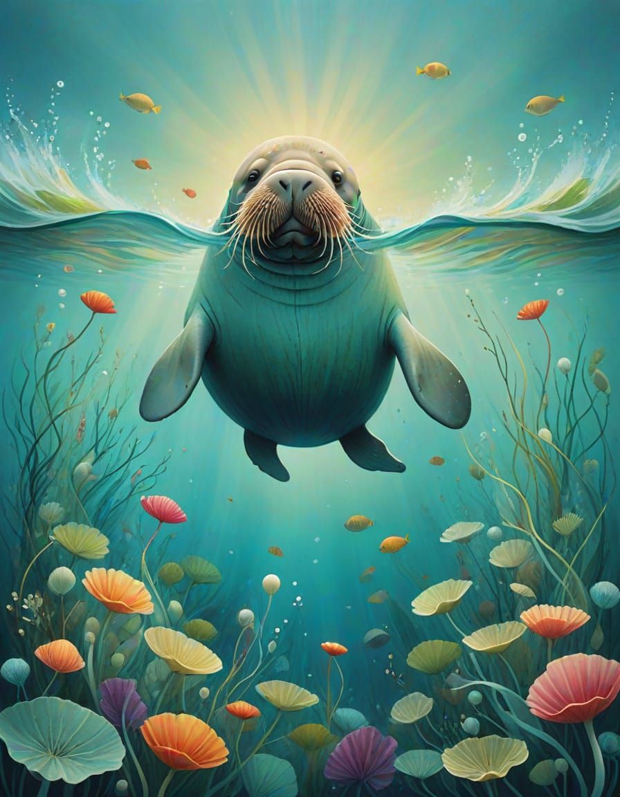Happy Walrus in Aqua Sea: Children's Book Illustration