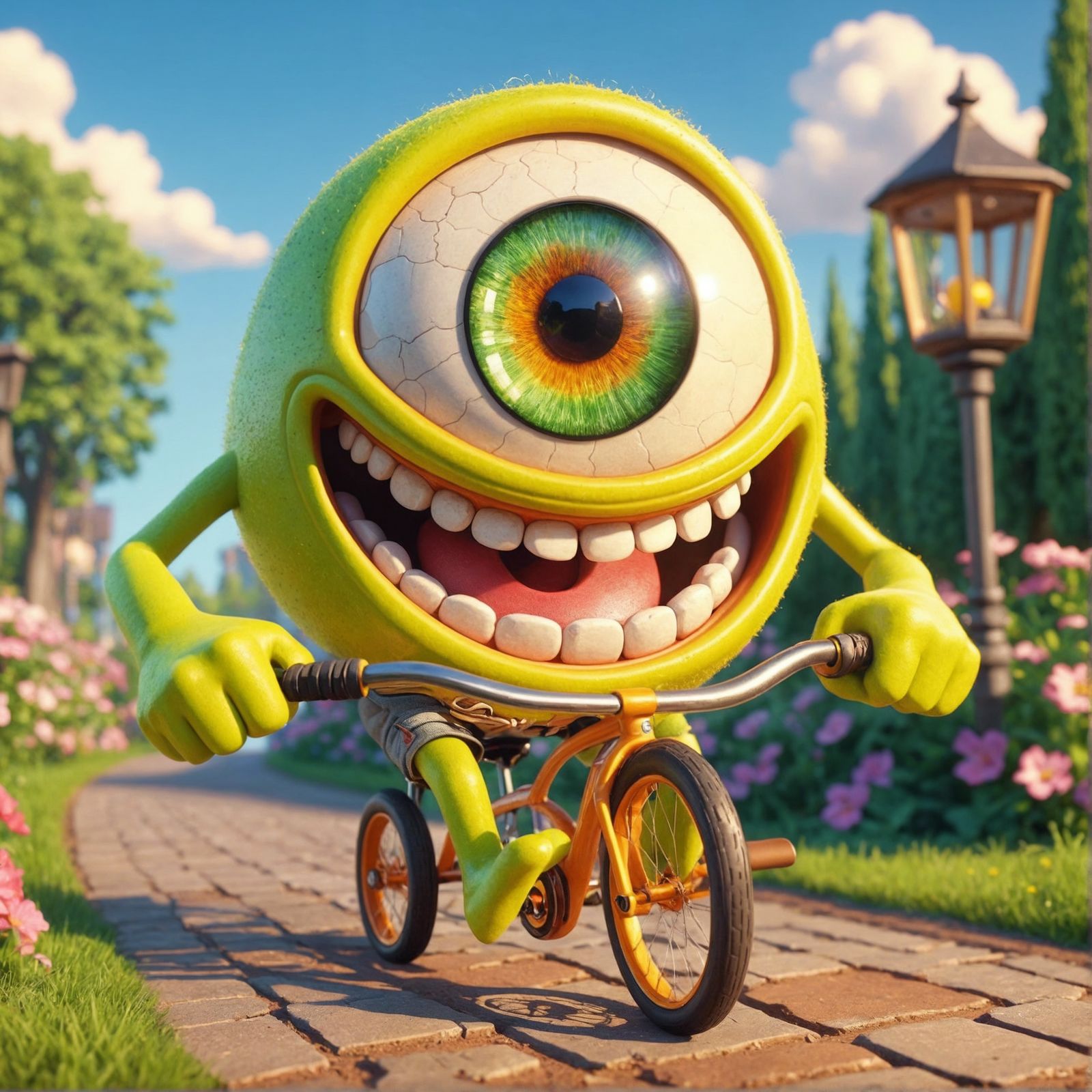 Cheerful Cyclops Cycling in Cartoon Network Style