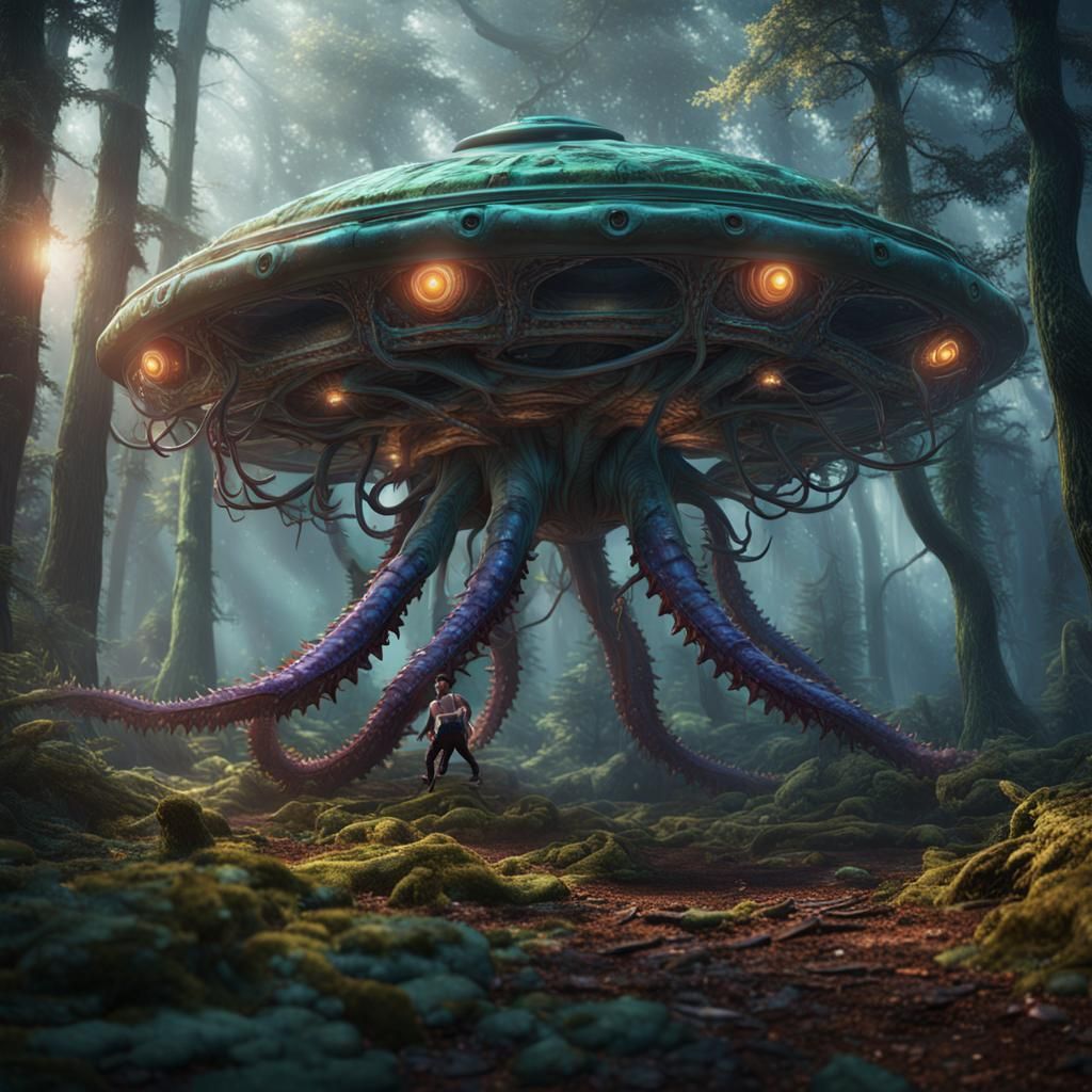 Alien Battle: Tentacled Creature vs. UFO