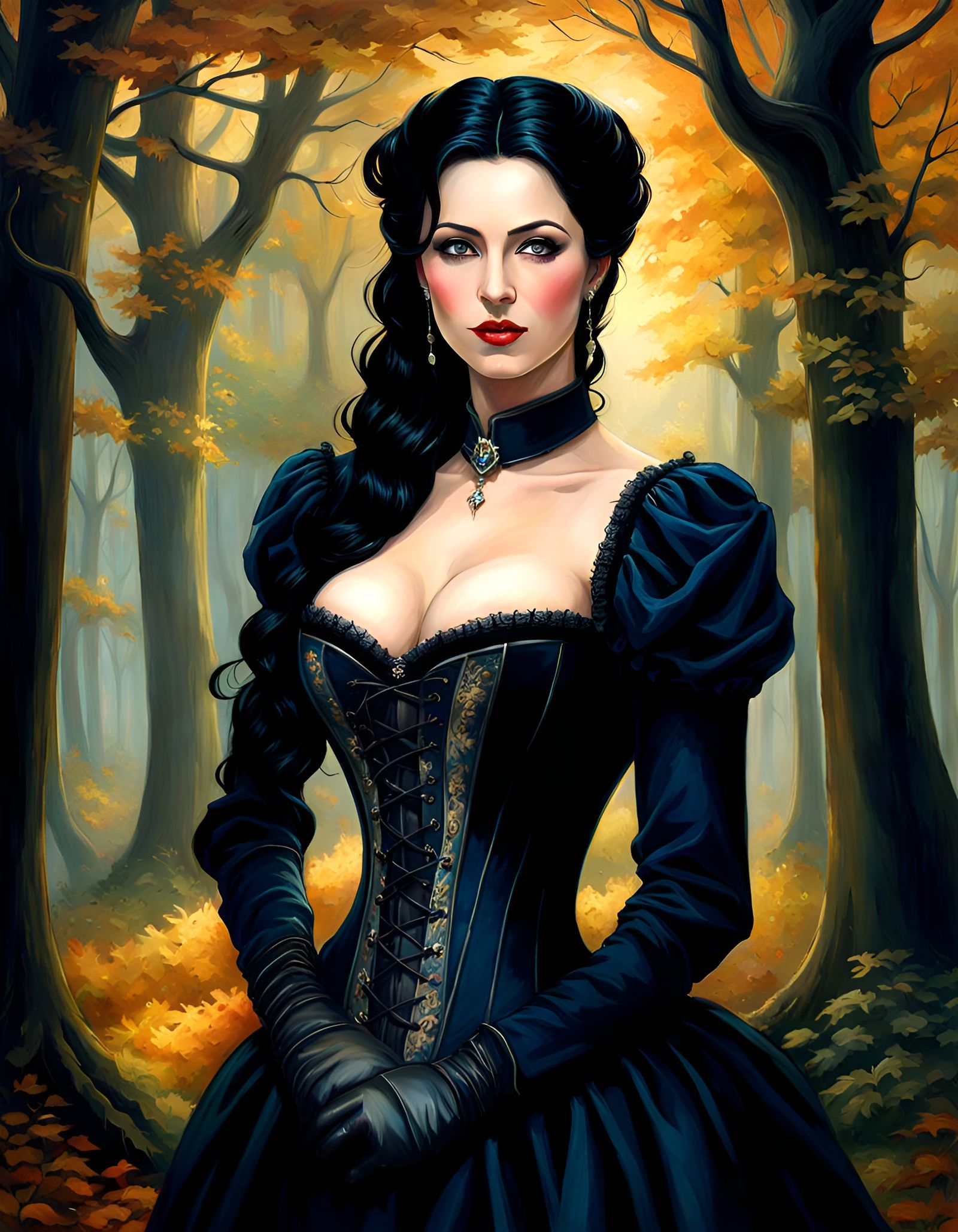 Enticing Gothic Woman in Mystic Forest as Oil Painting