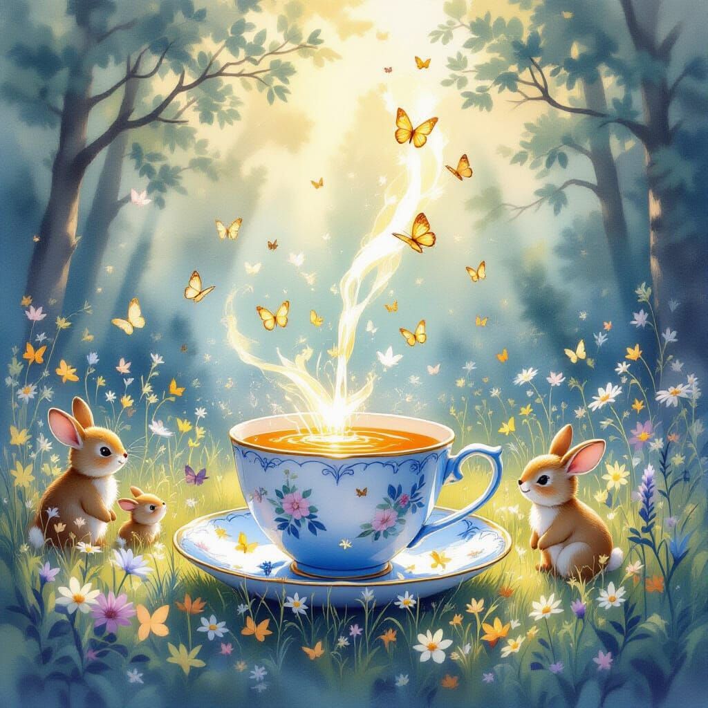Teacup Overflowing with Light in Antique Watercolor Style