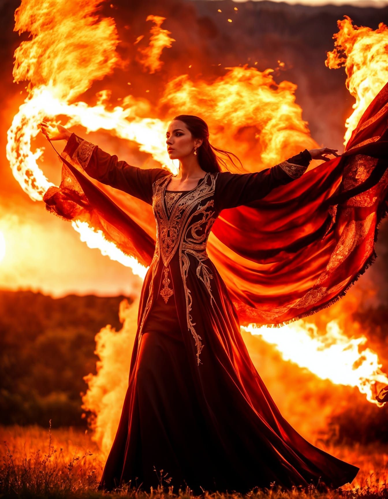 Fiery Sorceress Summons Flame Magic at Golden Hour