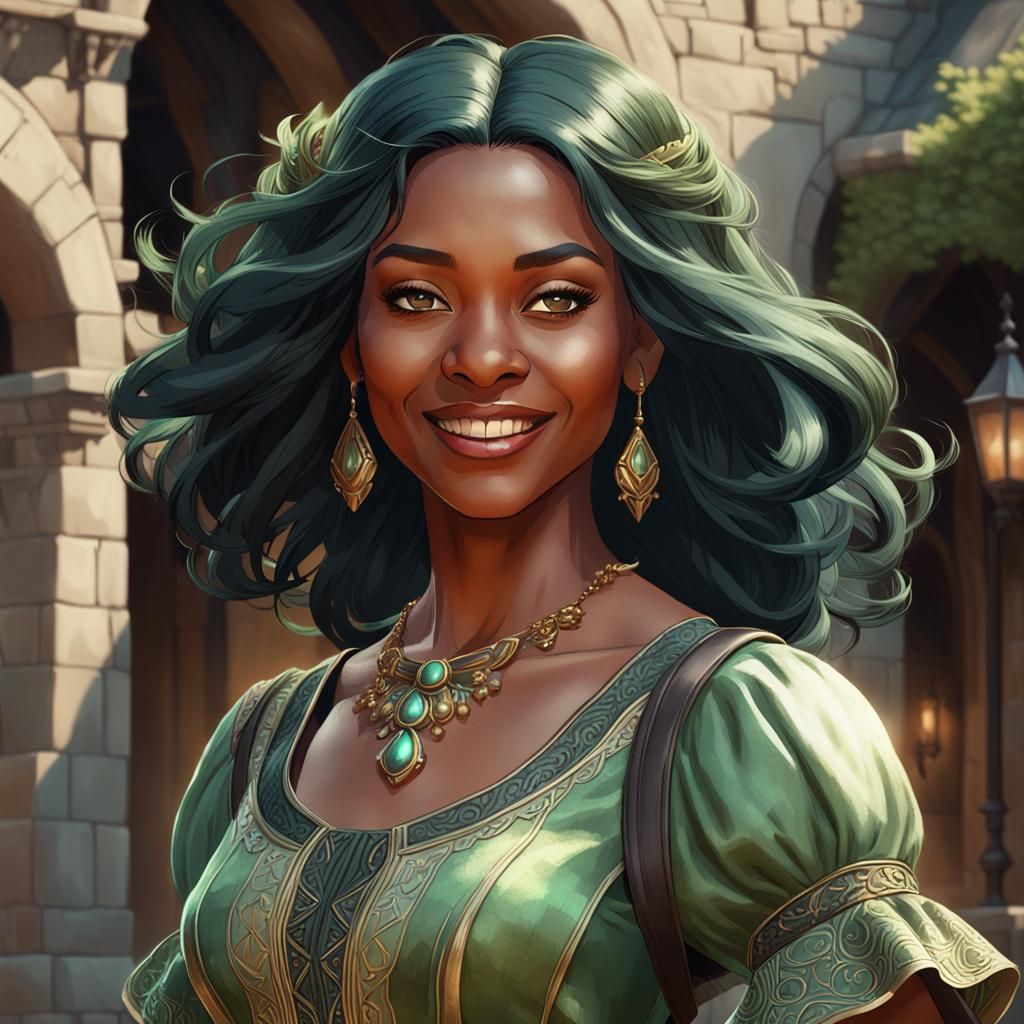Cheerful Medieval Black Woman Portrait in Fantasy Art