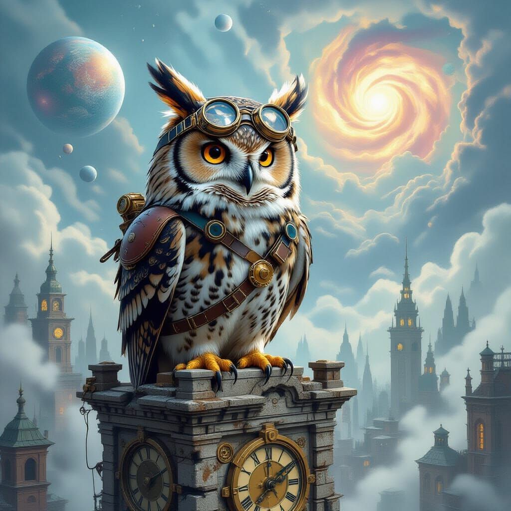 Steampunk Owl Perched Atop Clock Tower