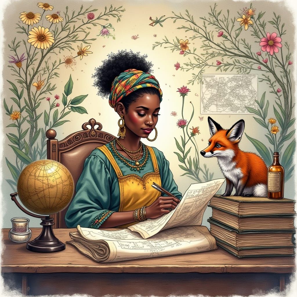 Alcohol ink illustration. An African woman cartographer works in her  study, filled with ancient maps and globes, a misc...