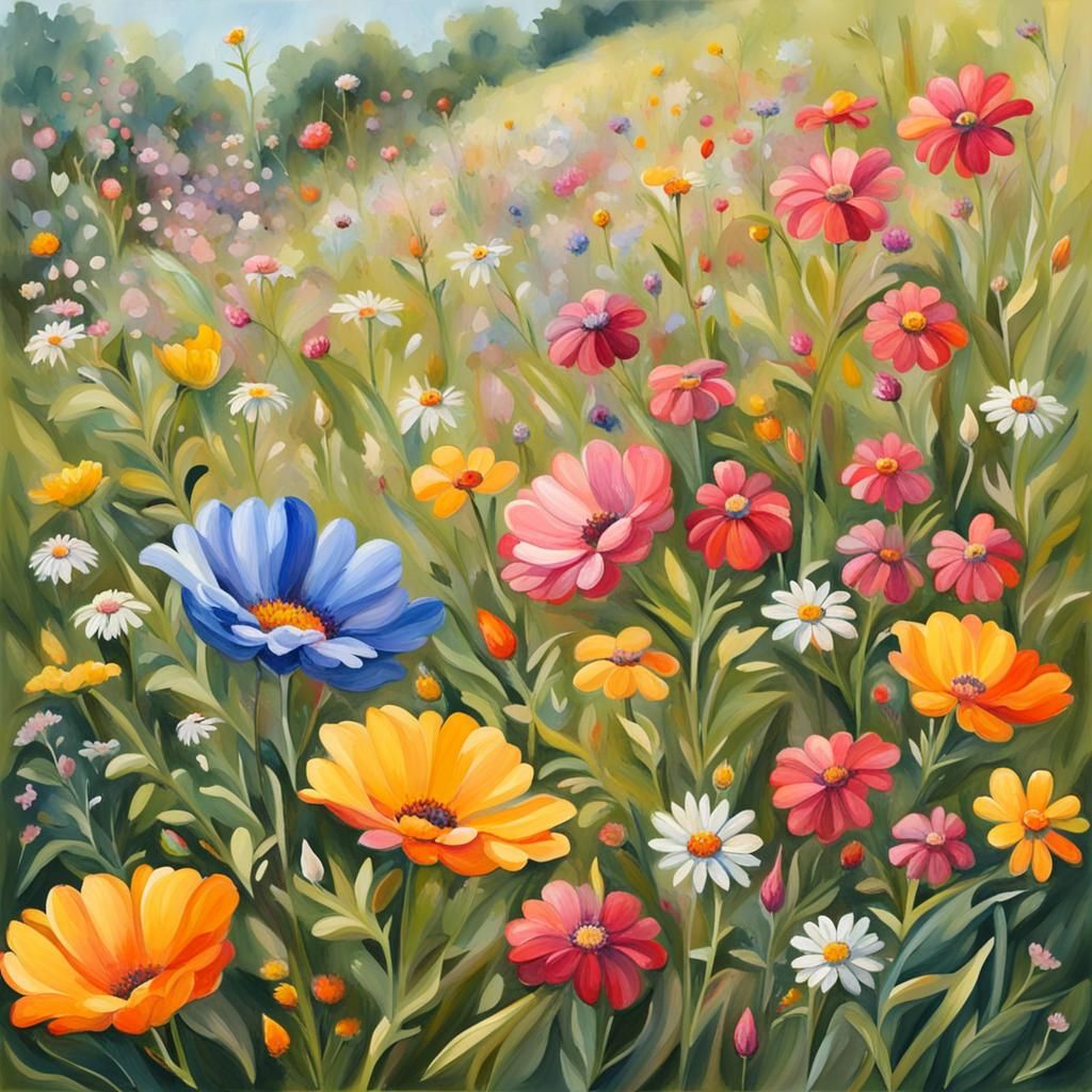 Gouache Painting of a Beautiful Flower Meadow