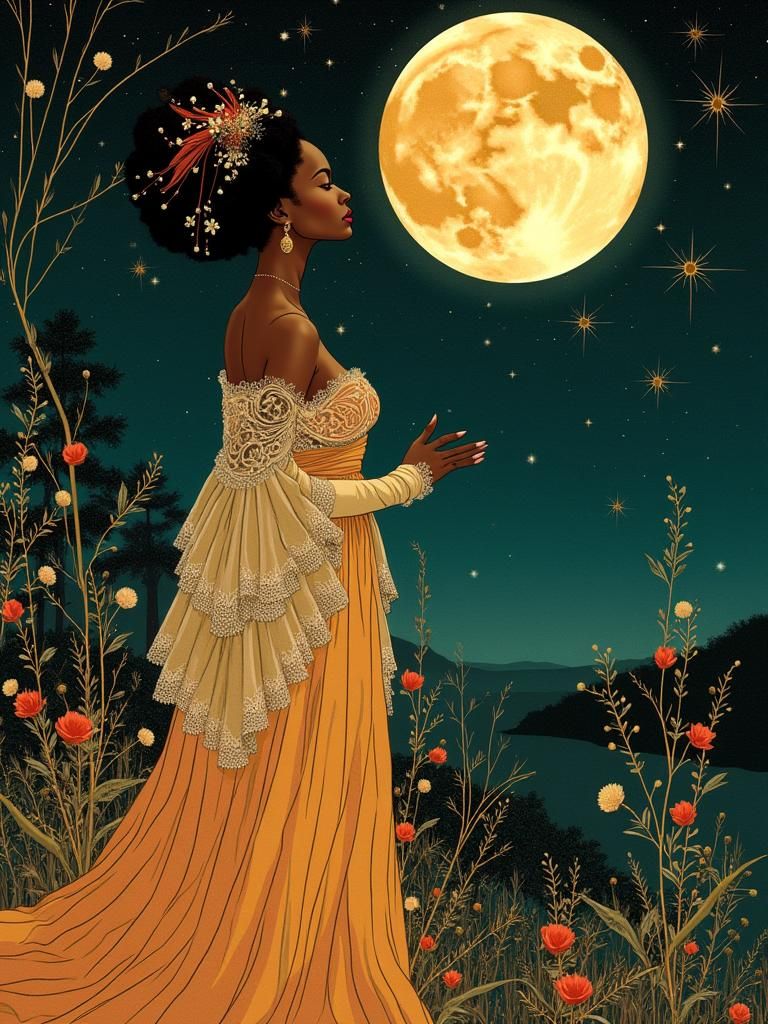 African Woman Gazing at Moon in Art Nouveau Style