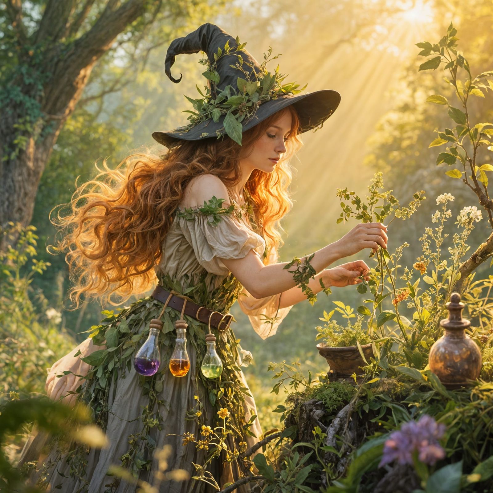 Enchanting Witch Picking Herbs in Sunlit Forest