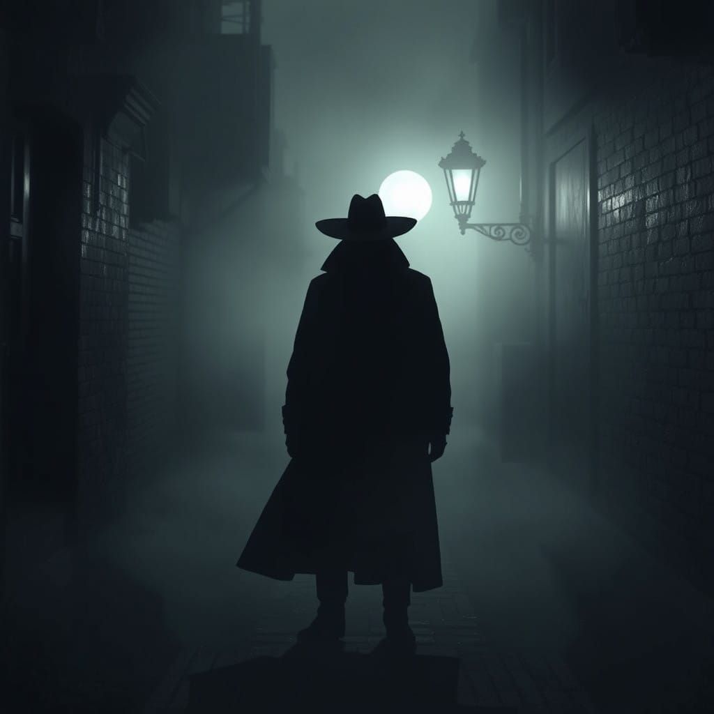 Elegant Stranger in Foggy Alleyway, in Cinematic Noir Style