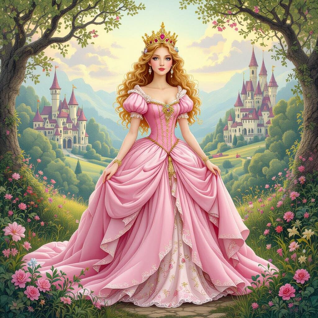 Princess in Pink Gown in Fairy Tale Landscape