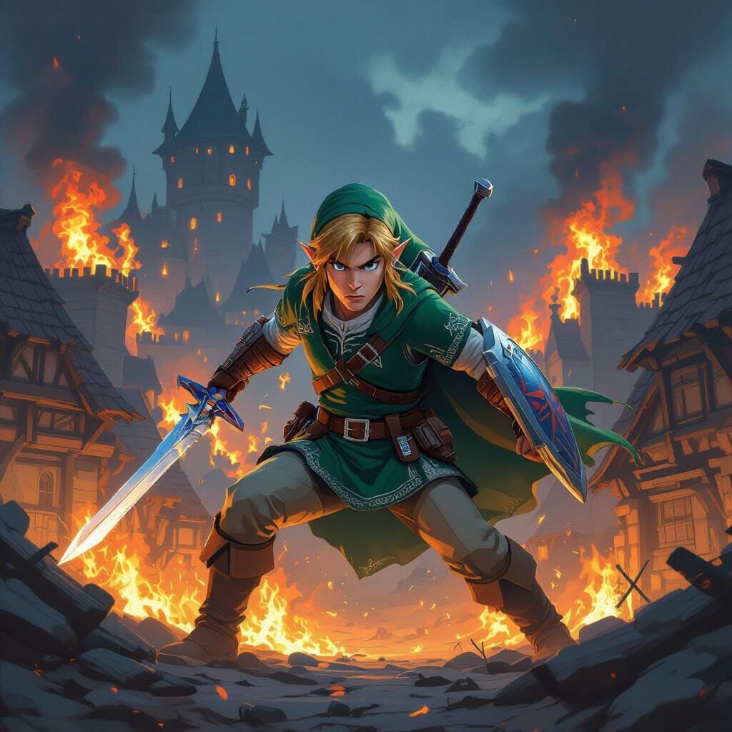 Link in Fierce Battle at Night in Besieged Castle Town
