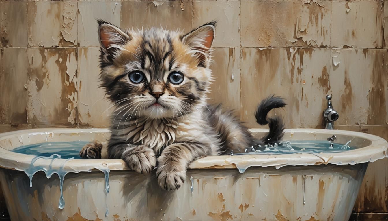 Sad Kitten in Bathtub: Oil Painting on Canvas