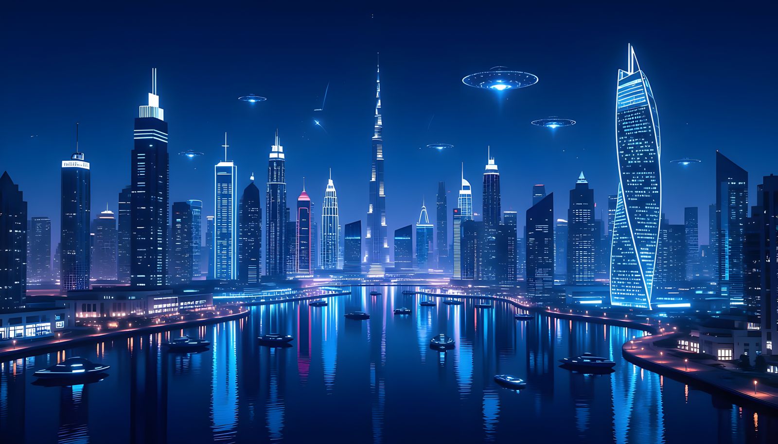 Futuristic Dubai 2085 Night Skyline in Sci-Fi Style