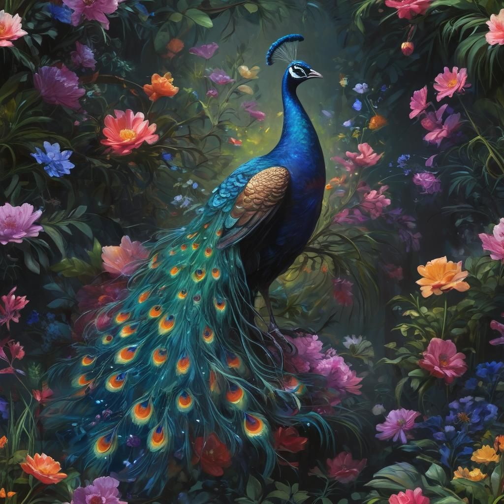 Glowing Peacock Strolls Among Vibrant Blooms in Dark Oasis