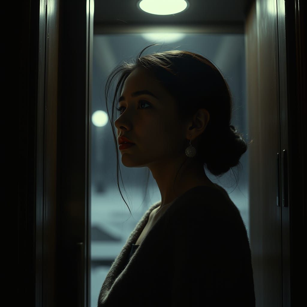 Contemplative Woman on Elevator Threshold in Moonless Night
