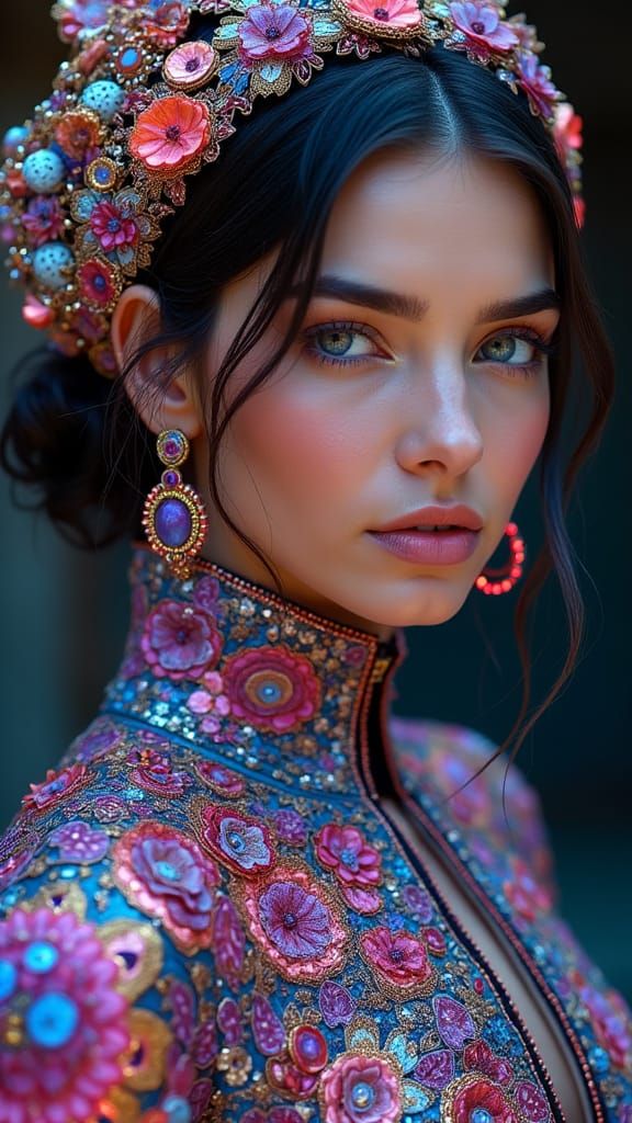 Stunning Woman in Opulent Futuristic Outfit: Digital Portrai...