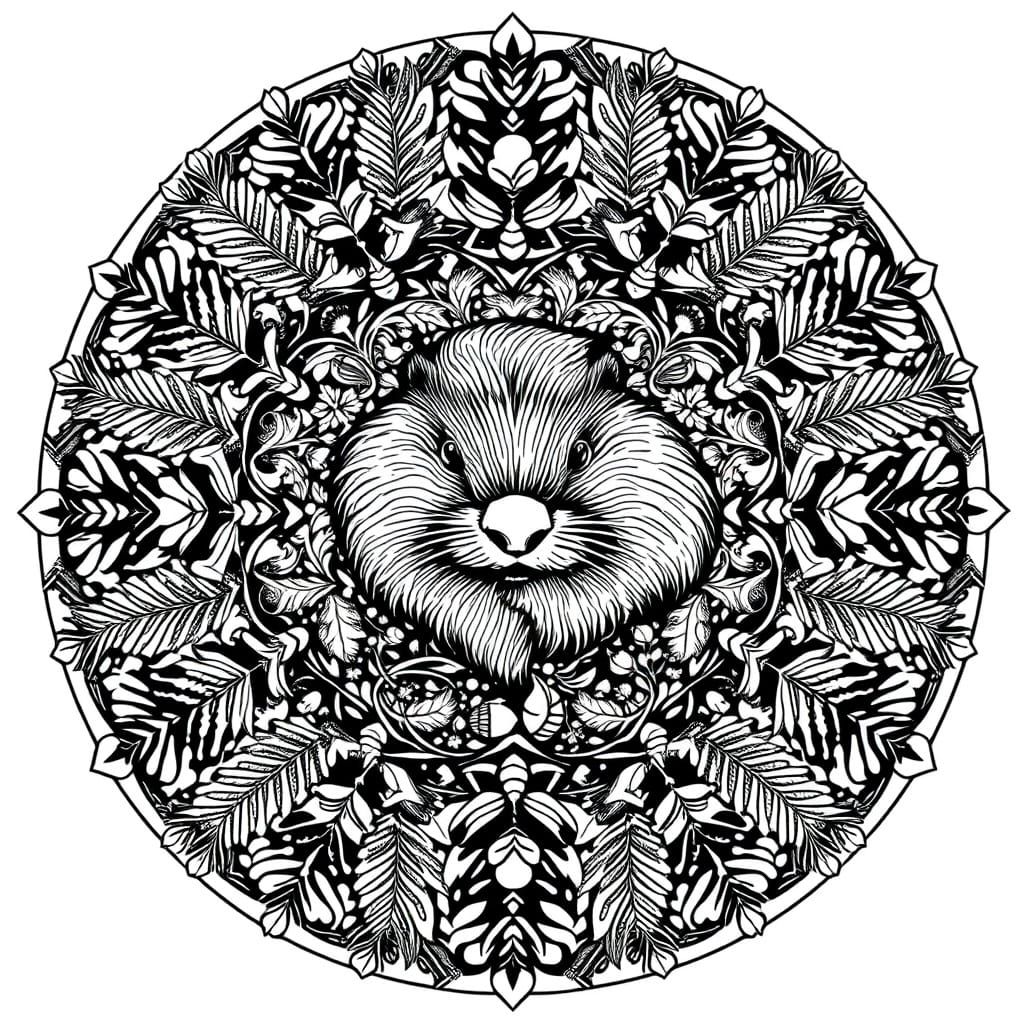 Symmetrical Forest Mandala in Black and White Line Art