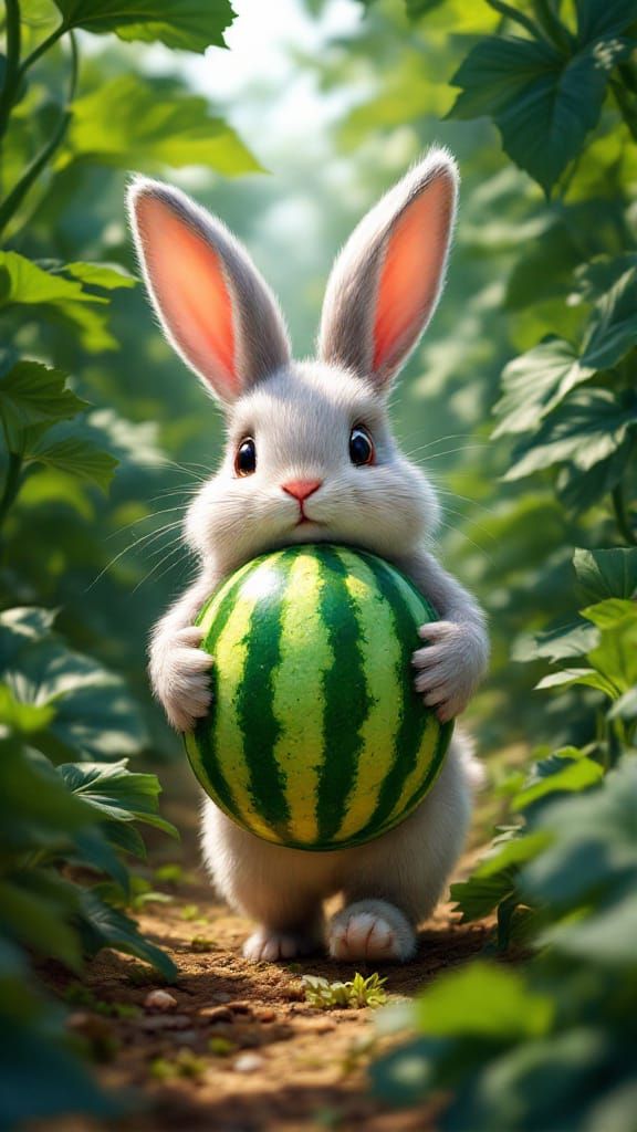 Giant Watermelon Carried By Fluffy Rabbit in Lush Farm