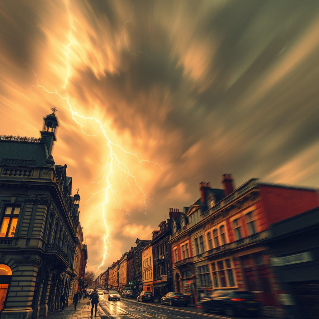 Dramatic Lightning Storm over Ornate Town
