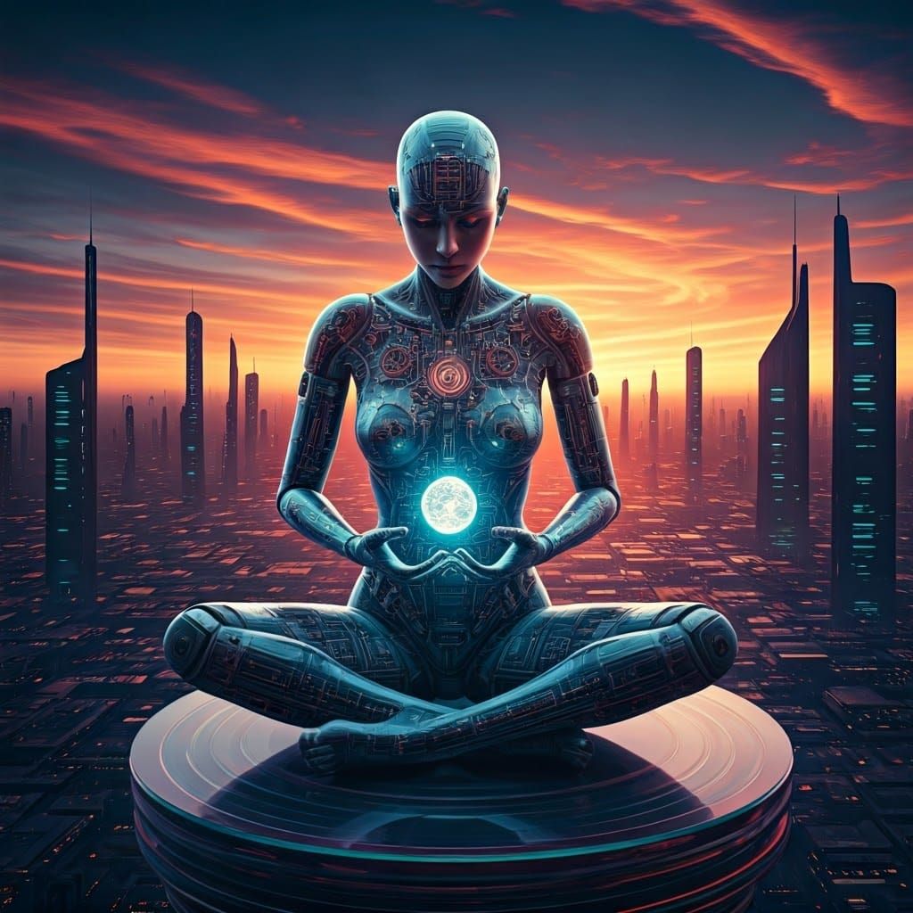 Crystalline Robot Meditating in Cyberpunk Metropolis