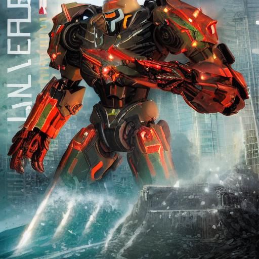 Futuristic Jaeger Unleashes Plasma Hammer Strike Amidst Ruin...