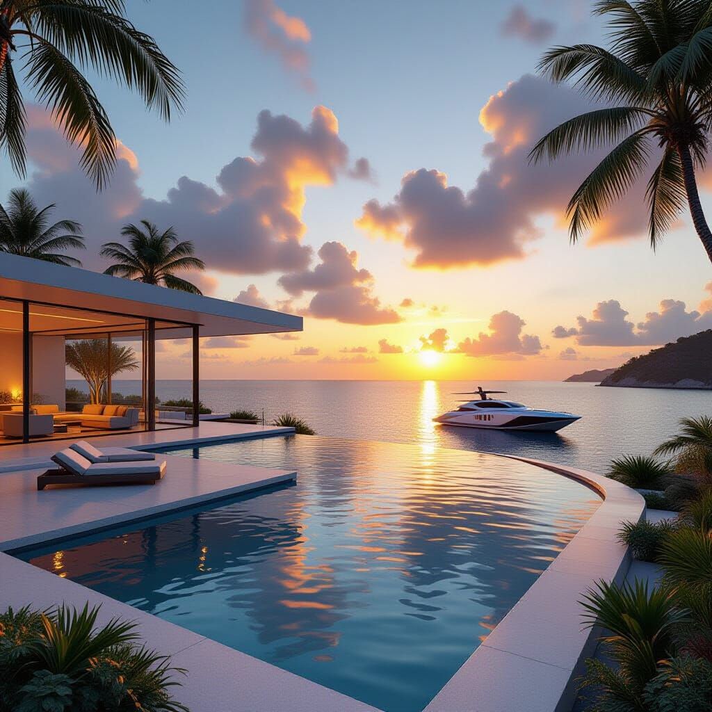 Luxurious Island Villa with Yacht, Syd Mead Style