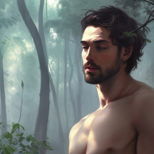 Shirtless Man in Mysterious Forest Portrait