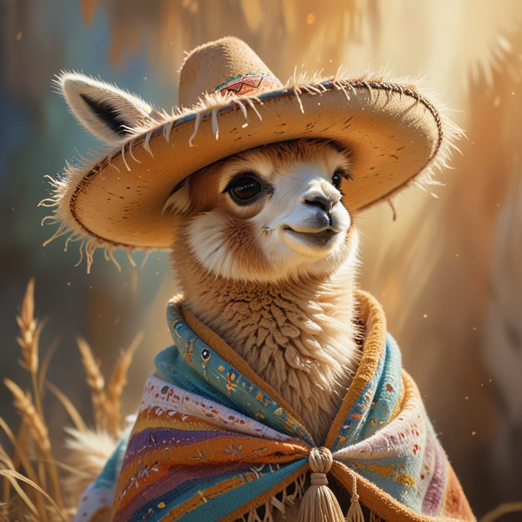 Baby Llama in Sombrero, Ghibli-Style Illustration