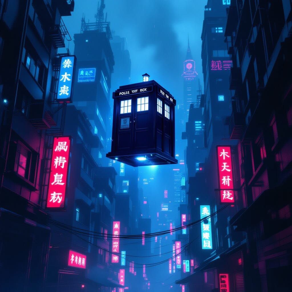 TARDIS Flies Over Neon Cyberpunk Cityscape