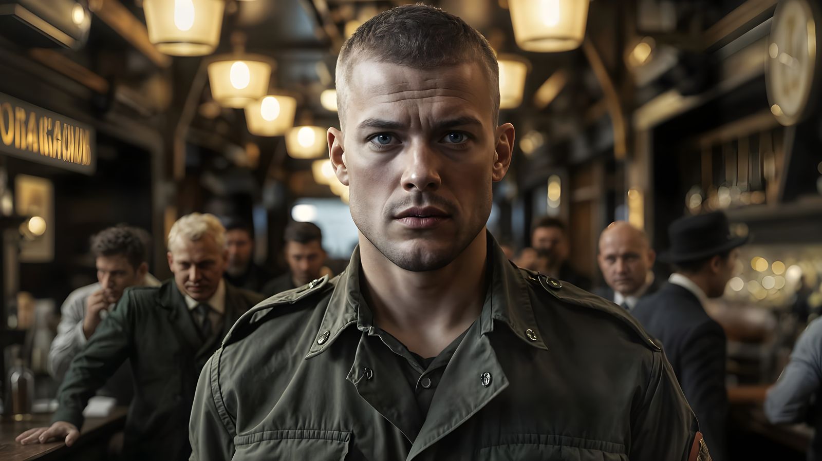 WWI Soldier in Steampunk Bar with Cinematic Lighting
