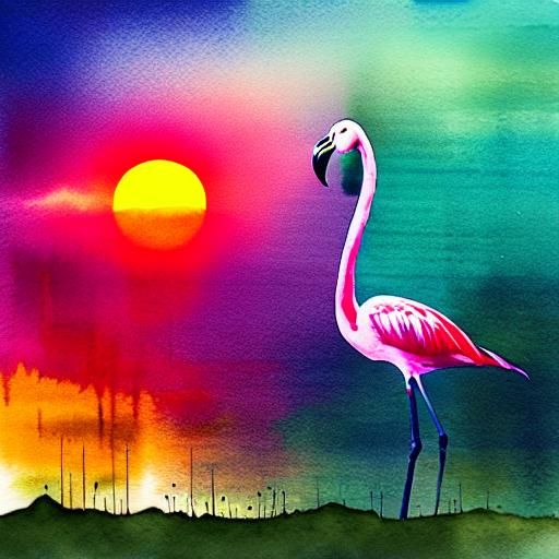 Flamingo Sunset in Watercolor Ink, Magical Atmosphere