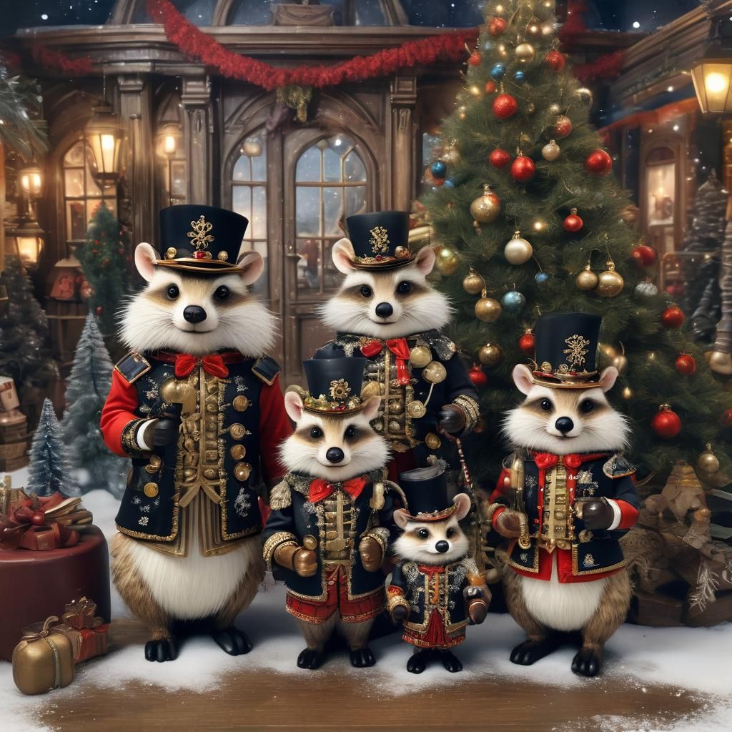 Winter Wonderland Family Scene in Art Nouveau Style