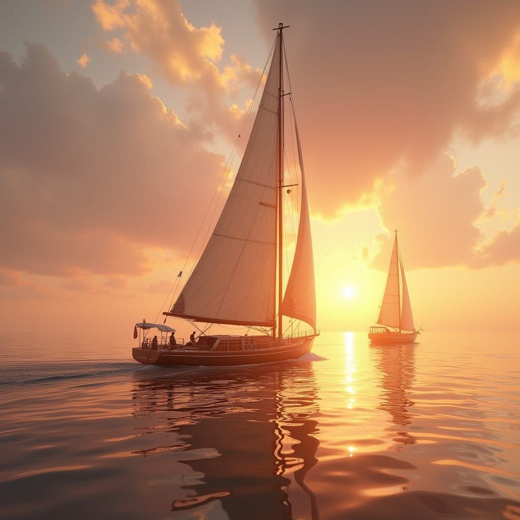 Ethereal Sunset Sailboats in Classic Maritime Oil Painting S...