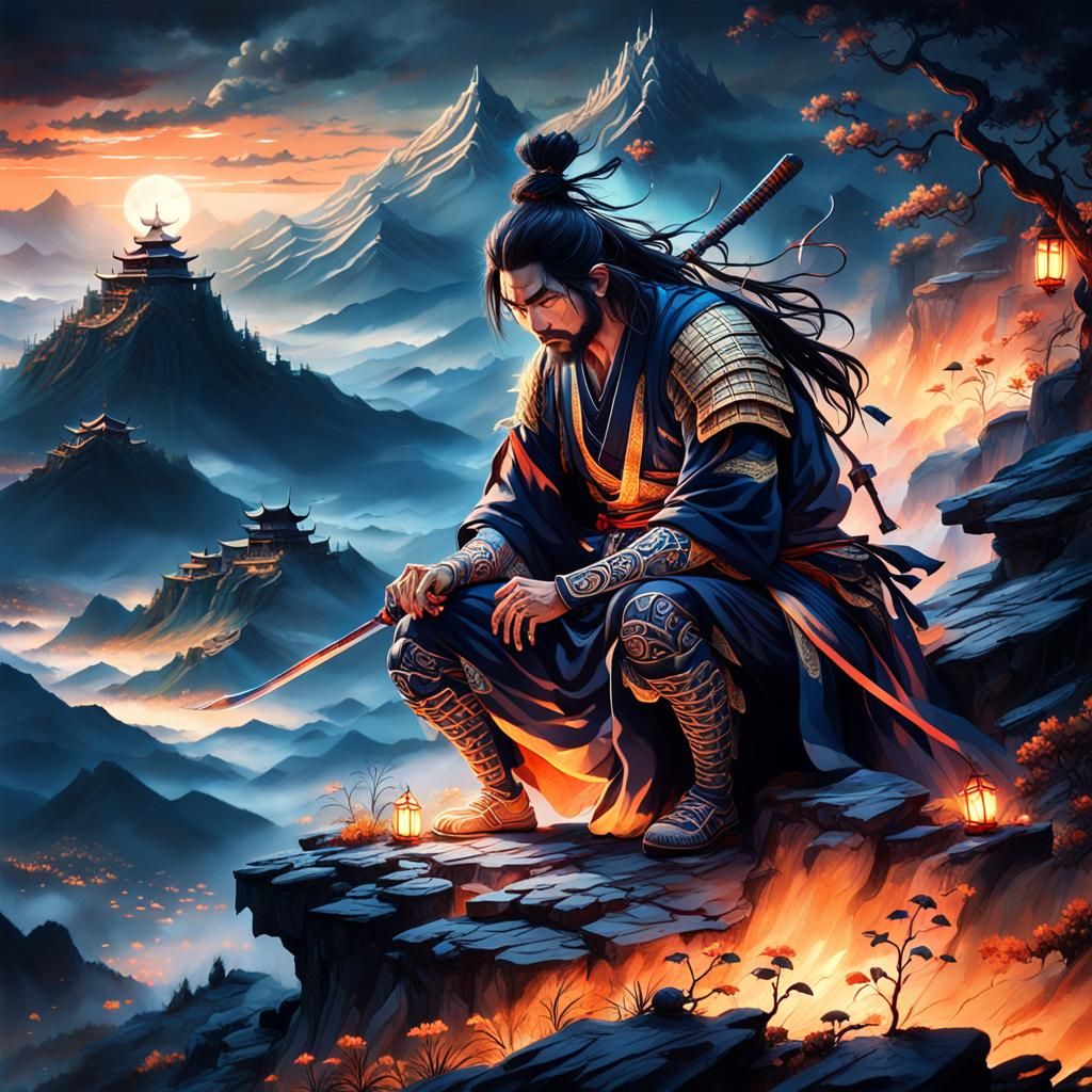 Samurai Sacrifice on Misty Peak in Watercolor Style