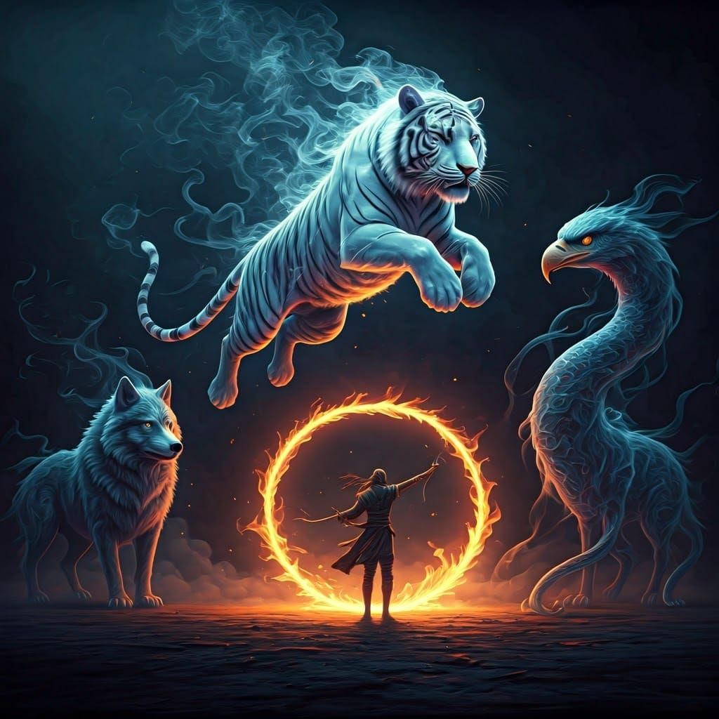 Ethereal Smoke Tiger Leaps Through Fire Circle