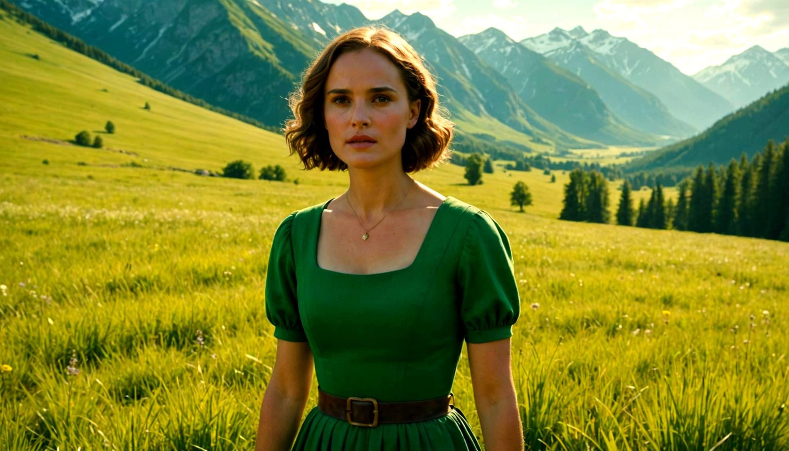 Natalie Portman in a Lush Meadow Landscape