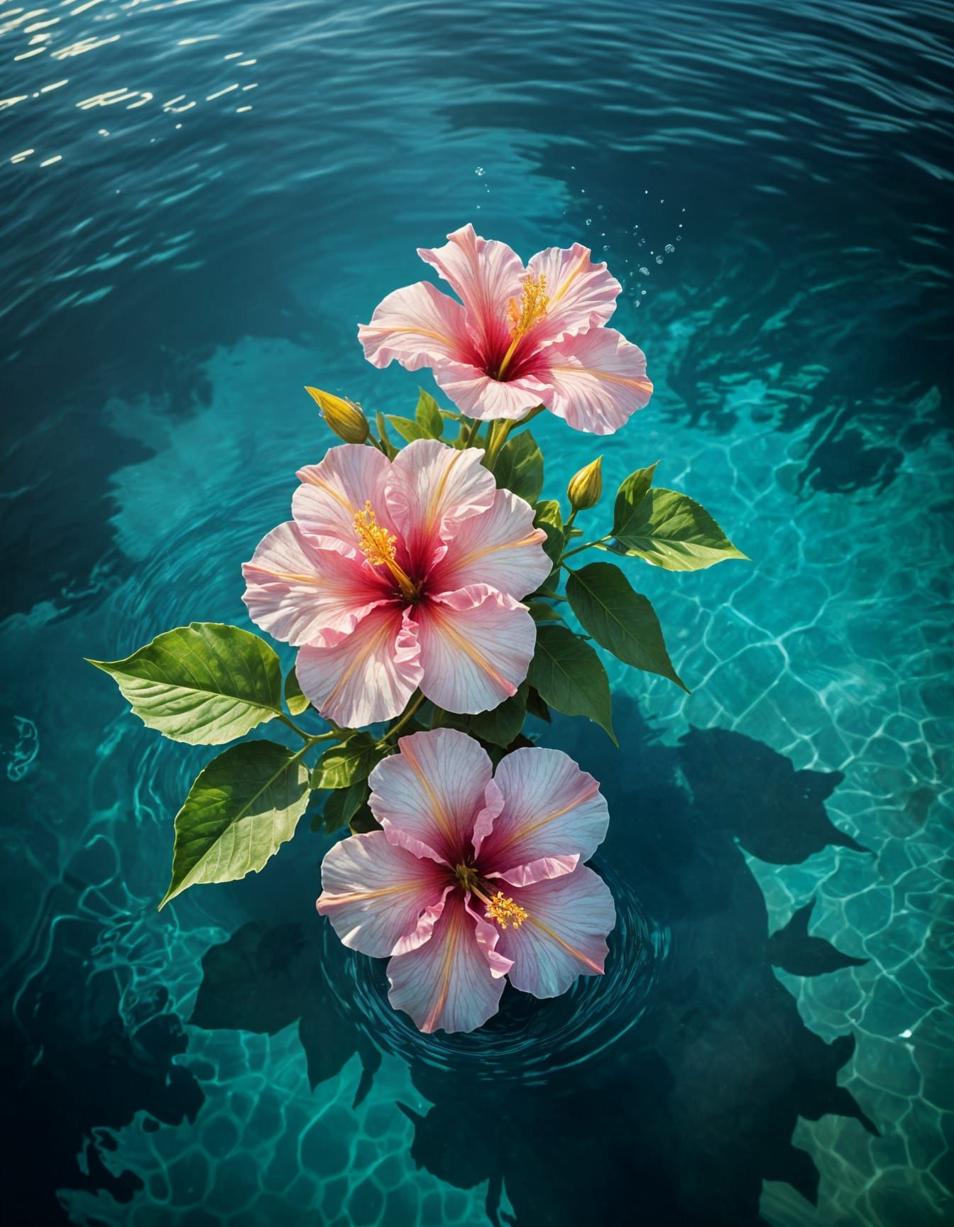 Vibrant Hibiscus Flowers on Serene Turquoise Water