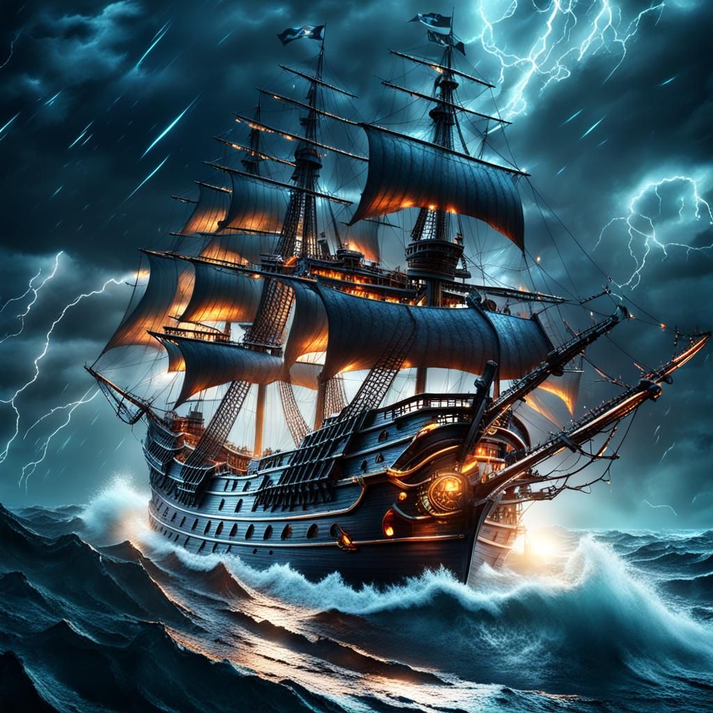Pirate Ship in Stormy Seas: 3D Rendering