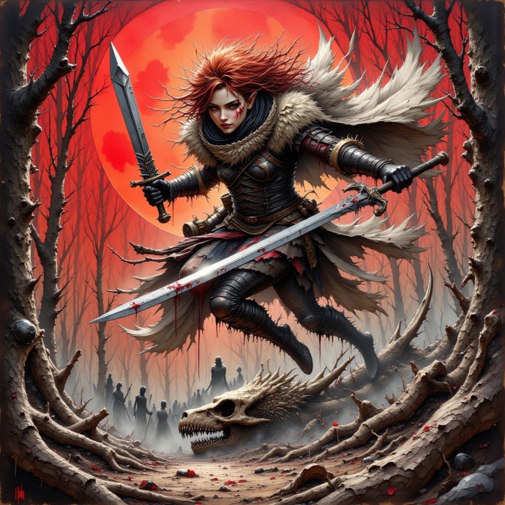 Gothic Oil Painting of a Fierce Monster Hunter in Action