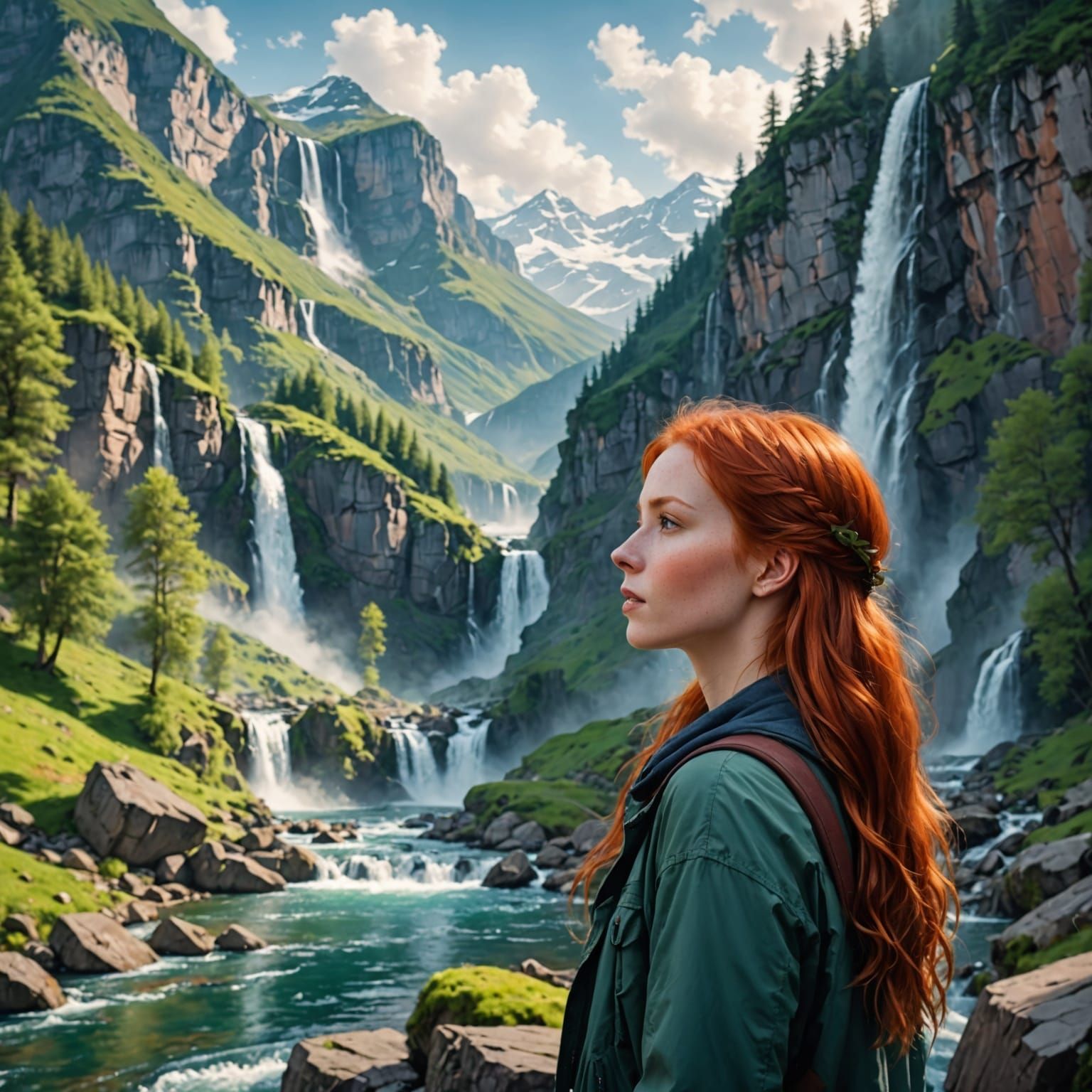 Red-Haired Girl in Mountain Landscape: Digital Art