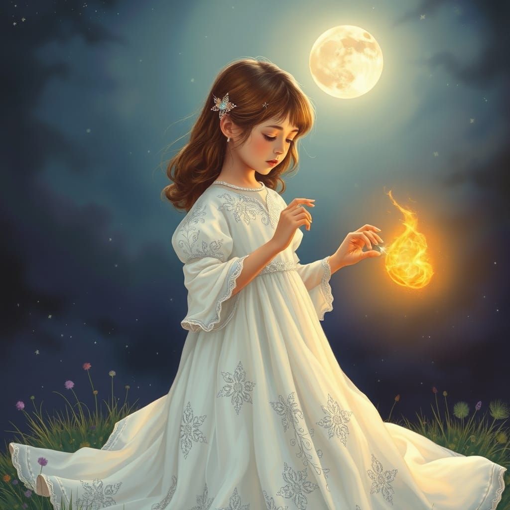 Girl Finds Glowing Amulet in Dreamy Fantasy Art