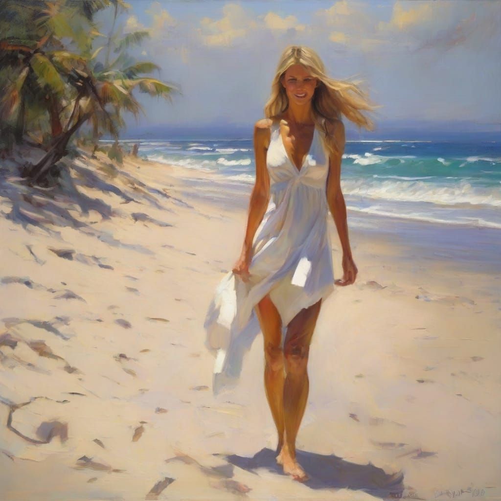 Elle Macpherson on Tropical Beach as Impressionistic Oil