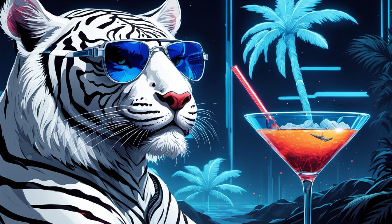 Cyberpunk Robotic Tiger Sipping a Cocktail