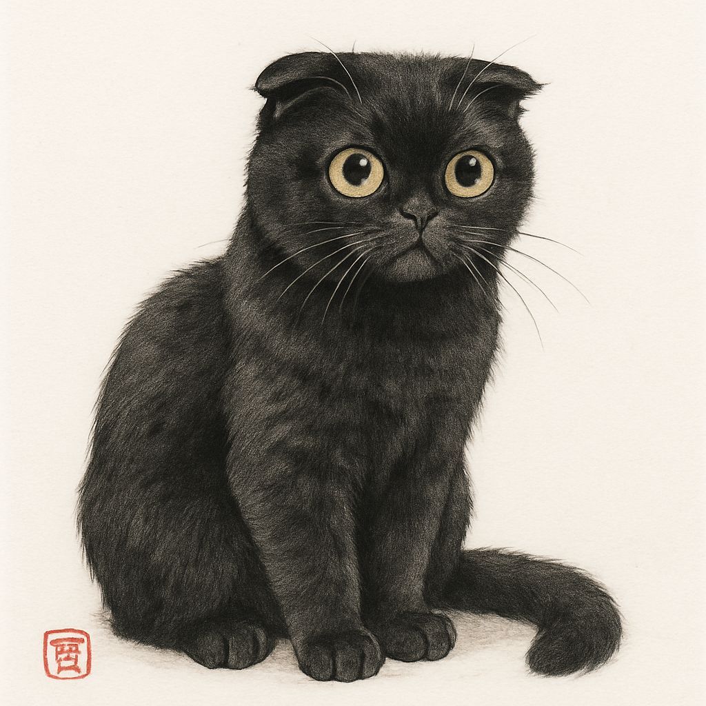 Japanese Style Drawing of Black Scottish Fold Cat
