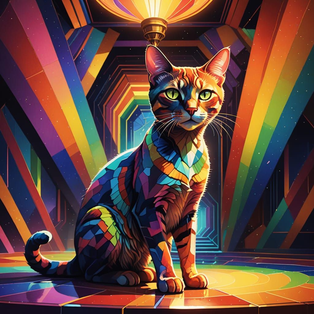 Art Deco Alien Cat in Geometric Fauvist Chamber