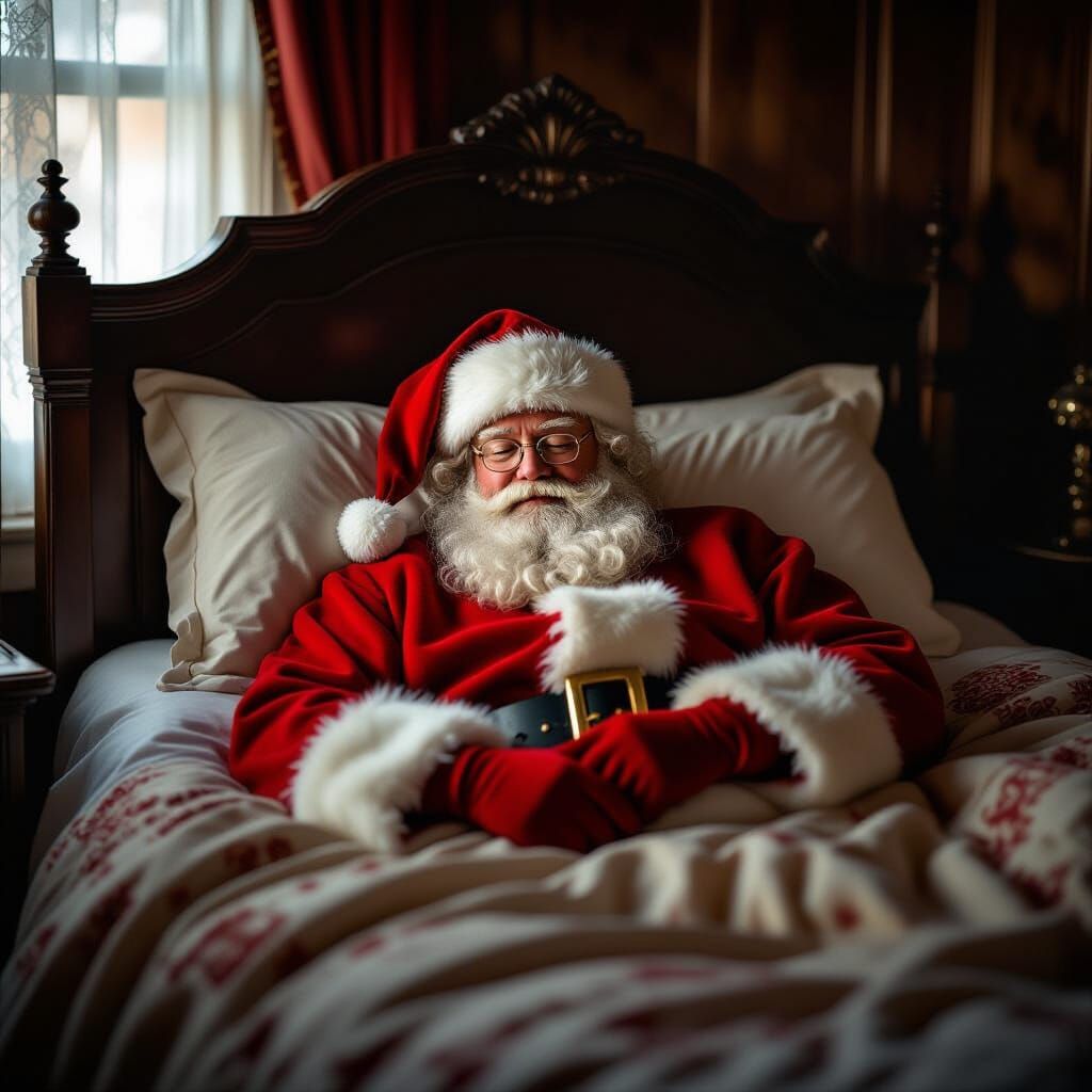 Cinematic Film Still of Santa Claus Asleep in Antique Bed